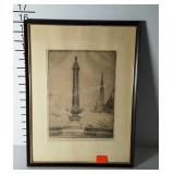 Etching of Monument and Snow, signed Don Swann