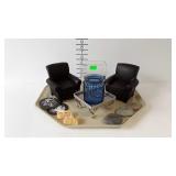 Home decor - iron work chairs, glass vase, message