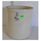 White stoneware crock, 5 gallon, has hairline