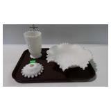Satin milk glass, 9-1/2" bowl, 6" vase, and candle