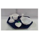 Milk glass - 7" bowl, heart shaped dish, candle