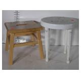 Two Stools, one painted early Milking Type, other