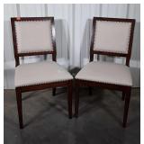 Two Dining Chairs, fabric seating with brass tack