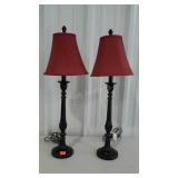 Pair of candlestick table lamps with dark red
