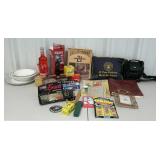 Box lot: tins, toys, ephemera, Cosmo mix, serving