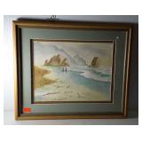 Watercolor, beach scene, signed M. Malley,