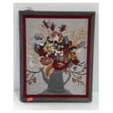 Framed crewel needlework, Fall arrangement in