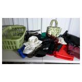 Laundry basket full of shopping bags, totes and