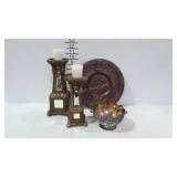 Home decor - copper wall plaque, mirrored pillar
