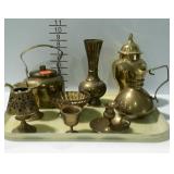 Tray of brass items  to include vases, teapots,