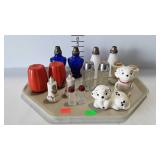 8 Shaker set, glass, figural, milk glass, and
