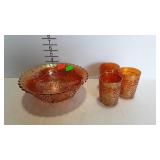 Marigold carnival glass 10" bowl with three 4"