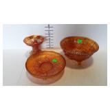 Marigold carnival glass, tri-footed 10" rose