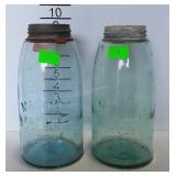 2 blue glass half gallon Mason