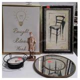 Home Decor Group, 14" round mirror, clock, statue