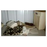 Bathroom group. Laundry hamper, shower curtain,