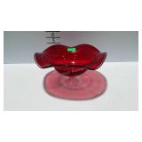 Ruby & clear glass pedestal bowl, 9"