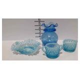 Glass- blown crackle glass vase, aqua blue hobnail