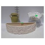 Pottery planter 14" long, double handle vase, and