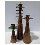 Mid Century candlestick trio, brass top of one is