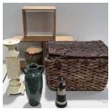 Home Decor Group, 3 cubby shelves, basket,