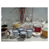 Group lot clear mugs, hurricane Globe, vase with