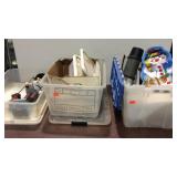 Totes with tins, hardware, nutcrackers, and golf