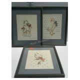 Three cross stitch pictures featuring geese