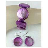 Purple shell earrings and stretch bracelet