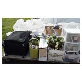 Skid of suitcase, table decorations, organizer