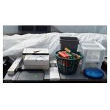 Skid with paper cutter, box ceiling fans, hand