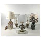 Three lamps, double light brass and marble,  Ball