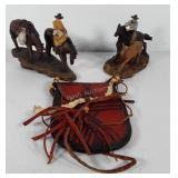 Leather pouch and two cowboy roping figurines