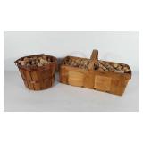 Basket and wooden bucket full of wine corks,