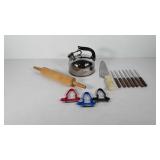 Kitchenwares, includes wooden rolling pin, seven