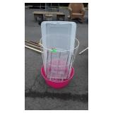 Containers lot, pink poly cooler tub, wire Grid