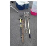 Tools, splitting maul, stall fork, hoe, shovel