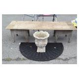 3pc Outdoor Decor lot, door mat rug, flower urn