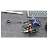 Tools, snow shovel, and flower Gardner