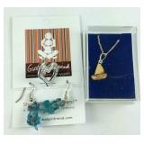 Wooden sailboat necklace, heart pin CZ, and blue
