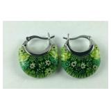 Green Murano style basket hoop stainless earrings
