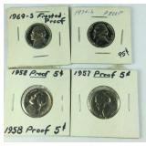 Four proof nickels 1969S, 1970S, 1957, and 1958