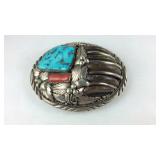 Sterling silver turquoise and coral belt buckle