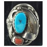 Size 12 Sterling silver turquoise and coral ring