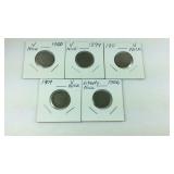 Five V nickels, 1899, 1900, 1906, 1909, 1911