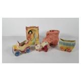 Ceramic planters and bud vase, includes carriage,
