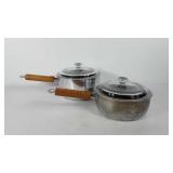 Cookware, two Mirro pots with wooden handles and