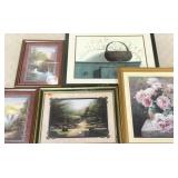 Wall art, five framed prints, includes pair of
