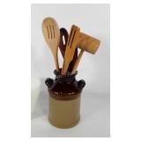 Kitchenwares, crock full of wooden utensils,