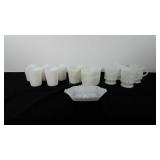 Milk glass, includes five cups, four fire-king